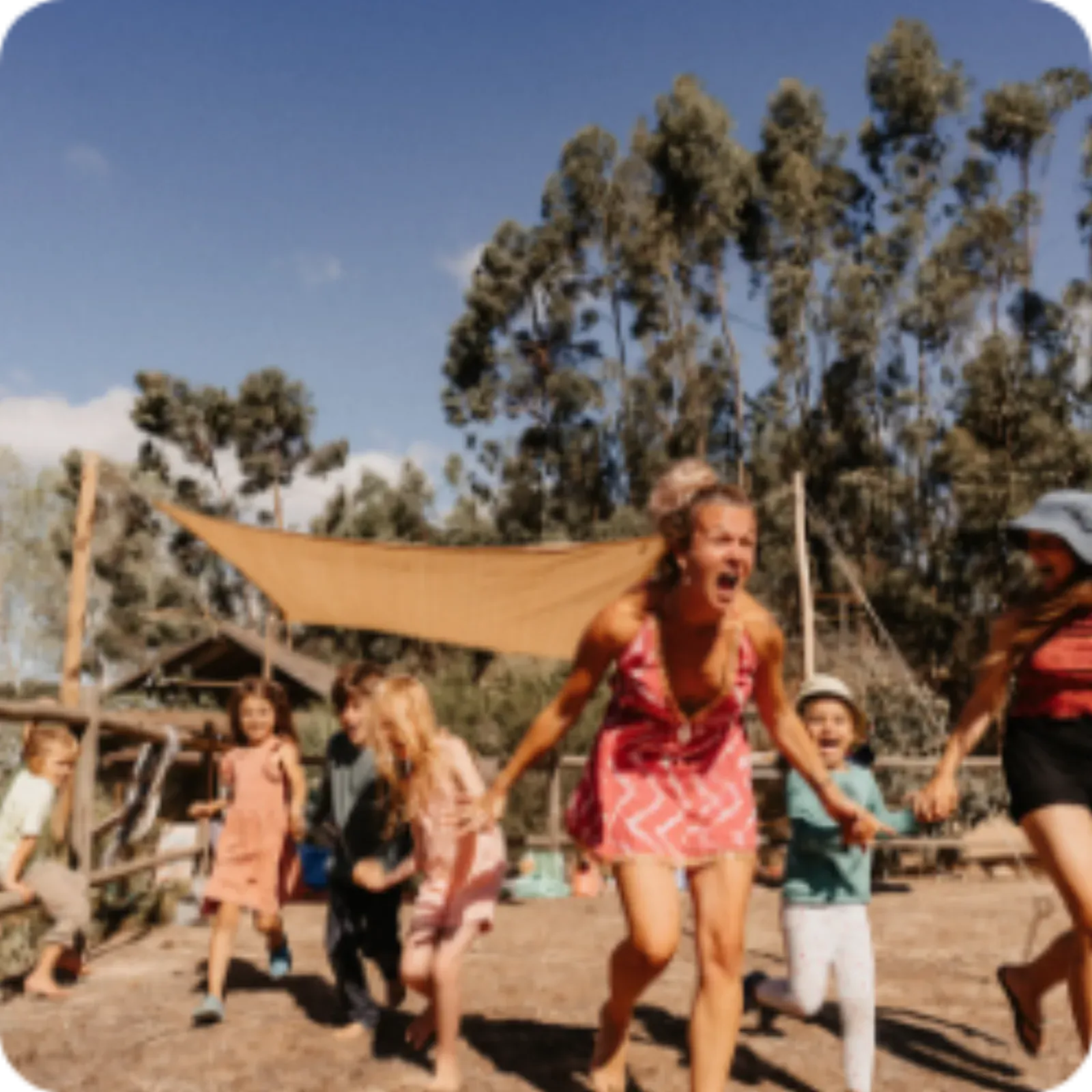Famílias a correr e a rir debaixo de uma vela de sombra entre as árvores